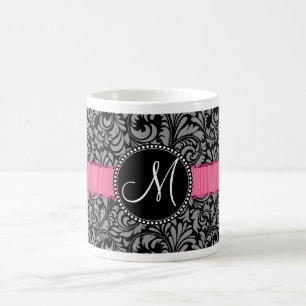 Monogram Initial Black Grey Damask Floral Pattern Coffee Mug