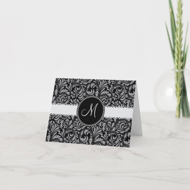 Monogram Initial Black Grey Damask Floral Pattern Note Card (Front)