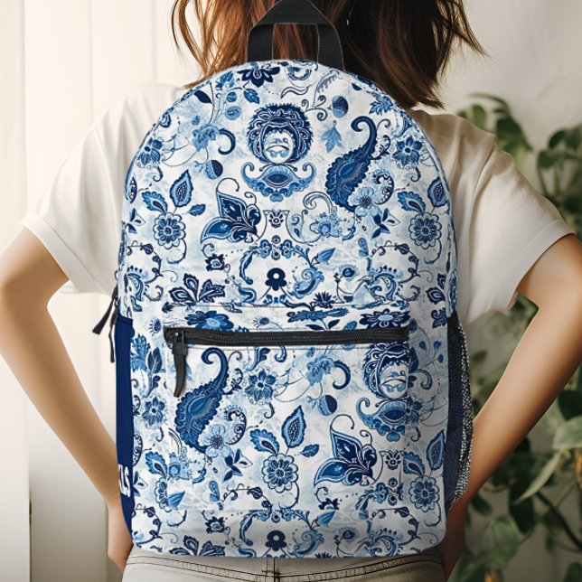Monogram Initial Blue and White Paisley  Printed Backpack (Creator Uploaded)