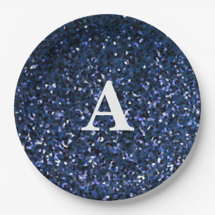 Monogram Initial Blue Glitter White Custom Name Paper Plate