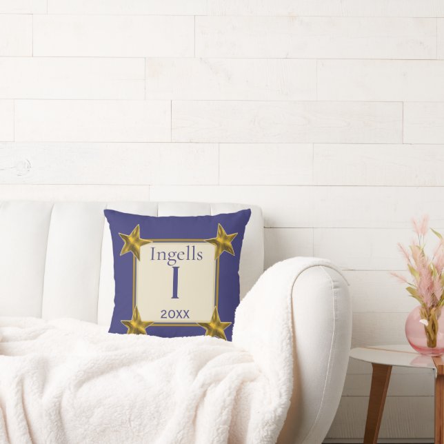 Monogram Initial Blue Gold Stars Letter I Keepsake Cushion (Couch)