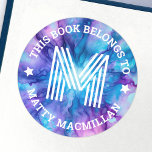 Monogram initial blue purple kids book label<br><div class="desc">Bookplate labels featuring your monogram initial and customisable text "this book belongs to" and your name on a blue and purple pattern background.</div>