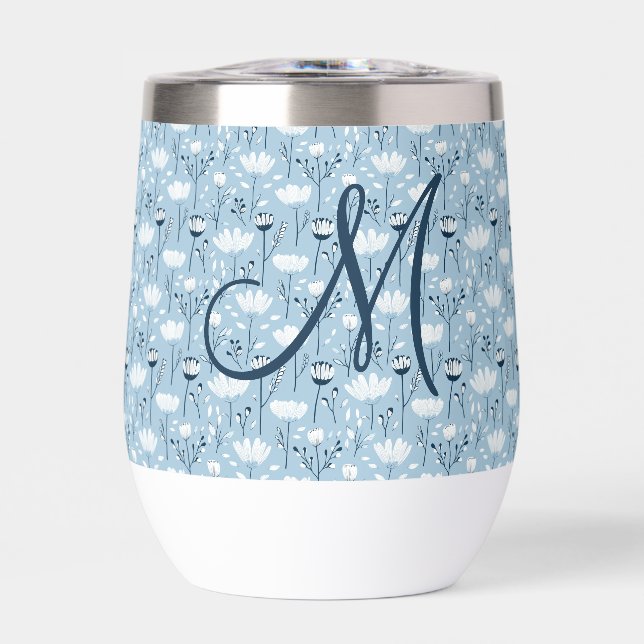 Monogram Initial Boho Blue White Florals Trendy  (Front)