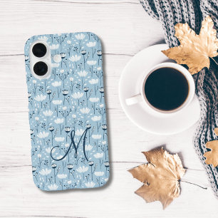 Monogram Initial Boho Blue White Florals Trendy  iPhone 16 Case
