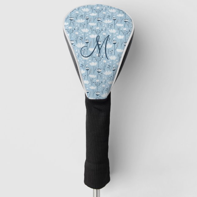 Monogram Initial Boho Blue White Florals Trendy  Golf Head Cover (Front)
