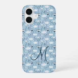 Monogram Initial Boho Blue White Florals Trendy iPhone 16 Case