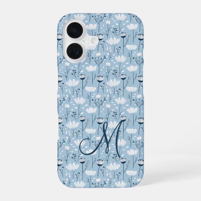 Monogram Initial Boho Blue White Florals Trendy  iPhone 16 Case (Back)