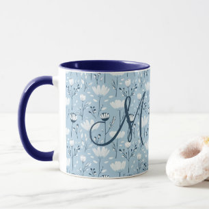 Monogram Initial Boho Blue White Florals Trendy  Mug