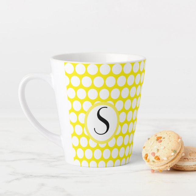 Monogram Initial Bright Yellow White Polka Dots Latte Mug (In Situ)