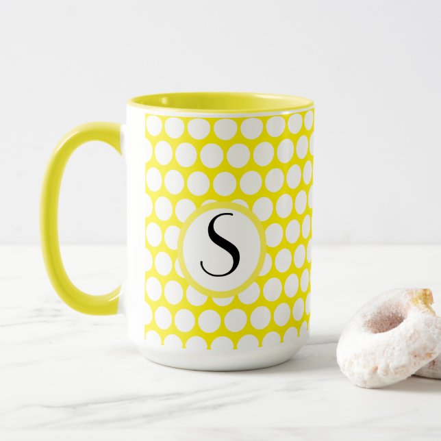 Monogram Initial Bright Yellow White Polka Dots Mug (With Donut)