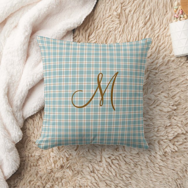 Monogram Initial Brown Light Blue and Tan Plaid Cushion (Blanket)