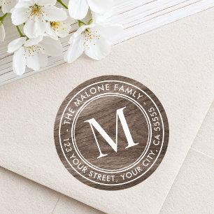 Monogram initial Brown woodgrain return address Classic Round Sticker