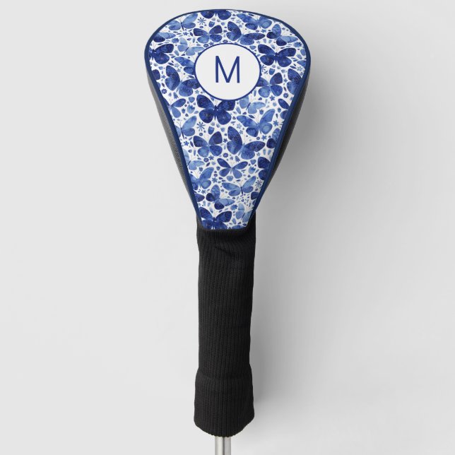 Monogram Initial Butterfly Watercolor Blue Golf Head Cover (Front)