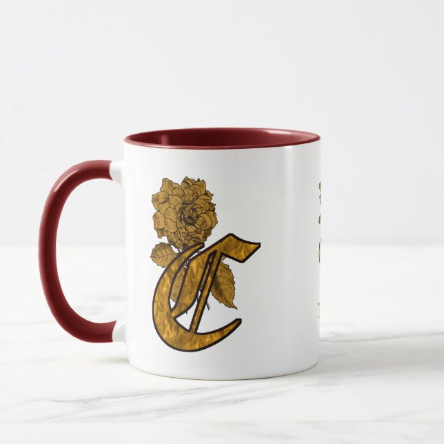 Monogram Initial C Elegant Gold Peony Personalised Mug (Left)