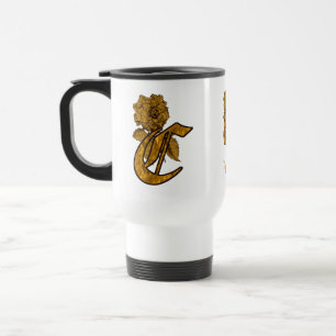 Monogram Initial C Elegant Gold Peony Personalised Travel Mug
