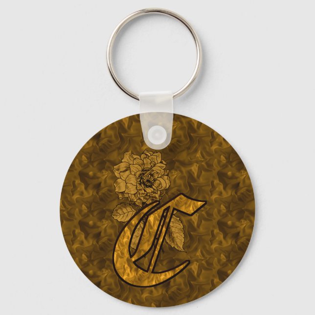 Monogram Initial C Gold Peony Flower Key Ring (Front)