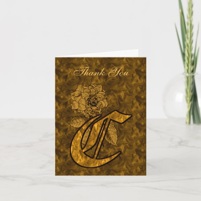 Monogram Initial C Gold Satin Peony Thank You Card (Front)