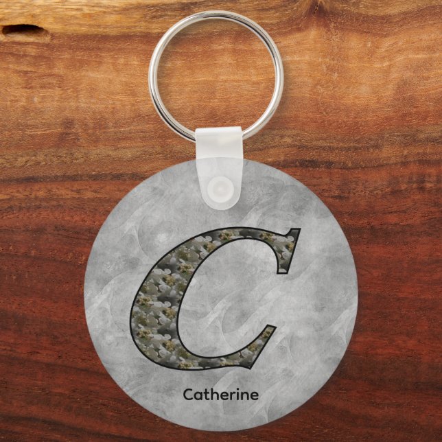 Monogram Initial C Hydrangea Flowers Personalised Key Ring (Front)