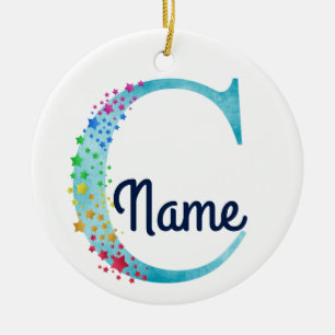 Monogram Initial C Rainbow Star design Ceramic Tree Decoration