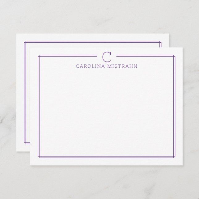 Monogram Initial Casual Purple Border Stationery Card (Front/Back)
