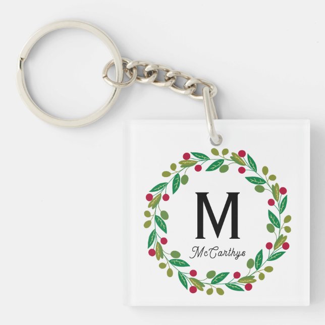 Monogram initial - Chrismas wreath Key Ring (Front)