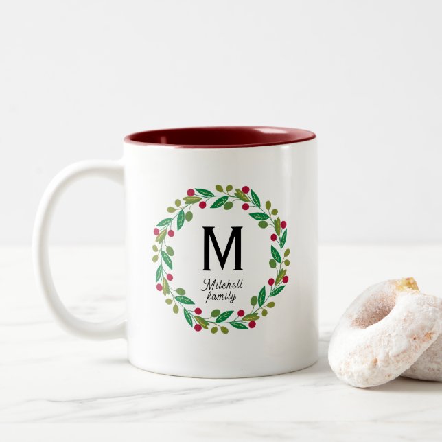 Monogram initial - Christmas  Two-Tone Coffee Mug (With Donut)