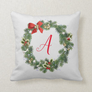 Monogram Initial Christmas Wreath Throw Pillow