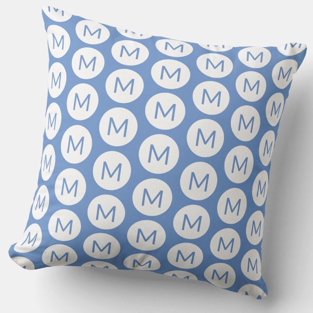 Monogram Initial Circle Pattern Blue Personalised Cushion (Fun monogram initial pattern polka dot blue and white pillow)