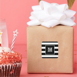 Monogram Initial Classy Chic Cool B & W Striped Square Sticker