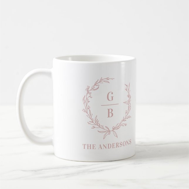 Monogram initial couple wreath modern elegant pink coffee mug (Left)