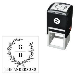 Monogram initial couple wreath modern elegant self-inking stamp
