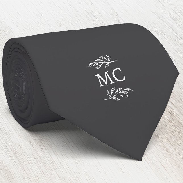 Monogram Initial Crest Botanical Leaf Dark Gray Tie (Simple botanical leaf monogram initials personalized crest neck tie)