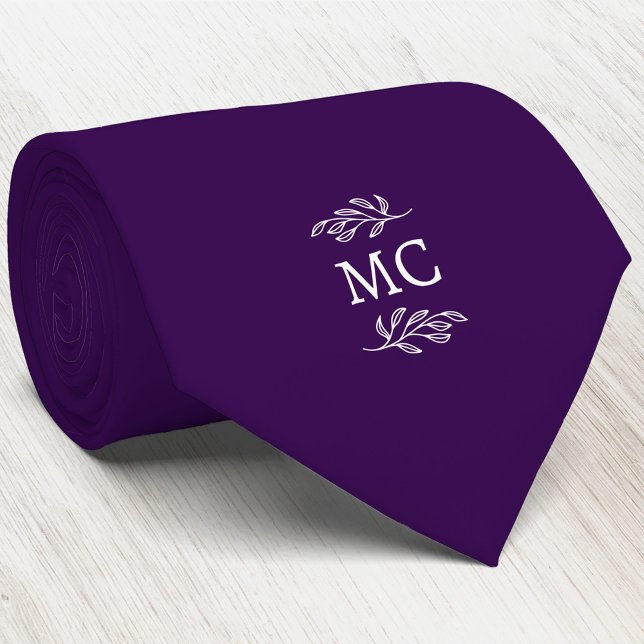 Monogram Initial Crest Botanical Leaf Dark Purple Tie (Simple botanical leaf monogram initials personalized crest neck tie)