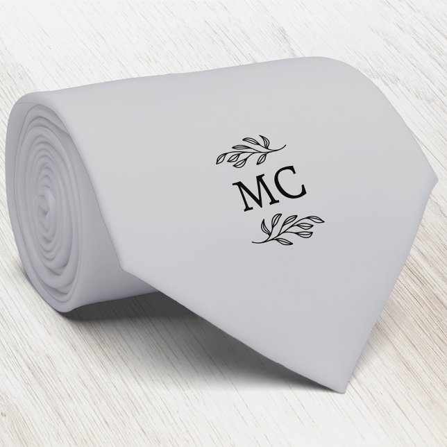 Monogram Initial Crest Botanical Leaf Silver Gray Tie (Simple botanical leaf monogram initials personalized crest neck tie)