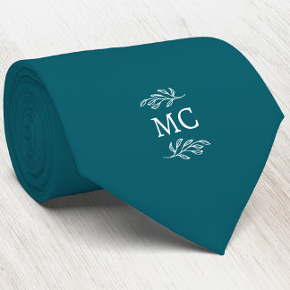Monogram Initial Crest Botanical Leaf Teal Green Tie