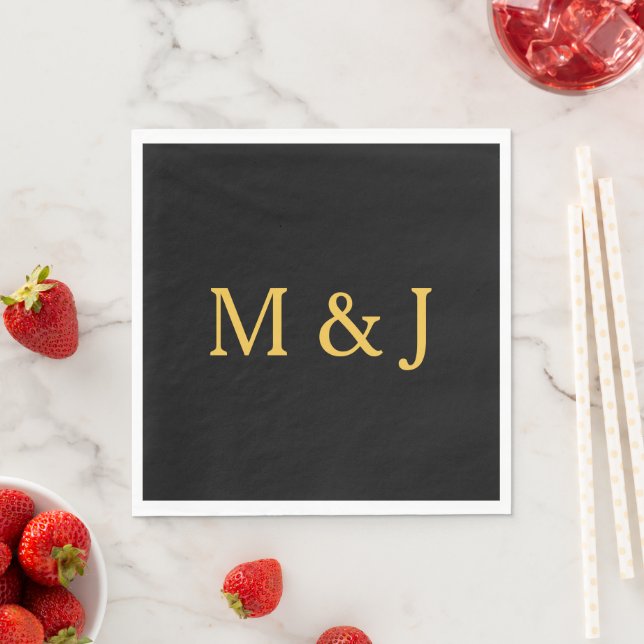 Monogram Initial Custom Name Gold Black Modern Napkin (Insitu)