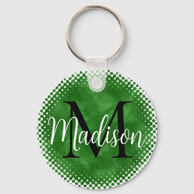 Monogram Initial  Custom Name Green Watercolor Key Ring (Back)