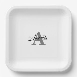 Monogram Initial Custom Name  Grey White Elegant Paper Plate