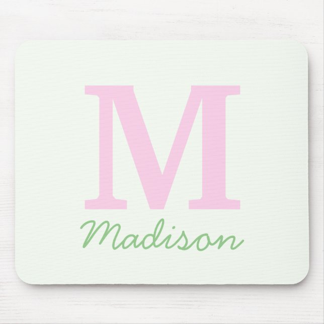 Monogram Initial Custom Name Pink Green Mouse Mat (Front)