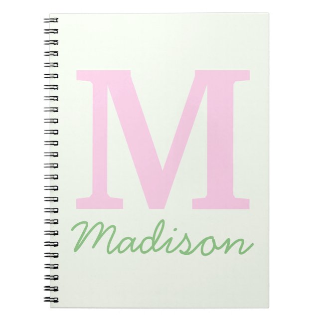 Monogram Initial Custom Name Pink Green Notebook (Front)