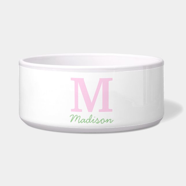 Monogram Initial Custom Name Pink Green Pet Bowl (Front)