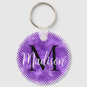 Monogram Initial  Custom Name Purple Watercolor Key Ring