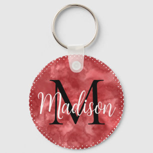 Monogram Initial Custom Name Red Watercolor Key Ring