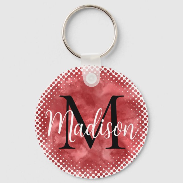 Monogram Initial  Custom Name Red Watercolor Key Ring (Back)