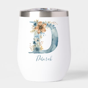 Monogram Initial D Blue Floral Watercolor Gift Her