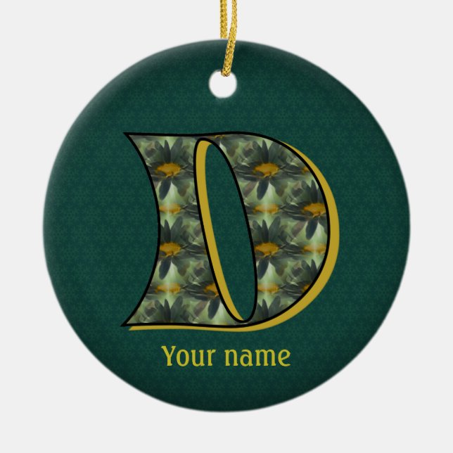 Monogram Initial D Daisies Flower Art Personalized Ceramic Tree Decoration (Front)