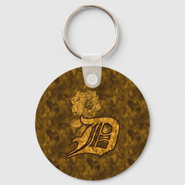 Monogram Initial D Elegant Gold Peony Flower Key Ring (Front)