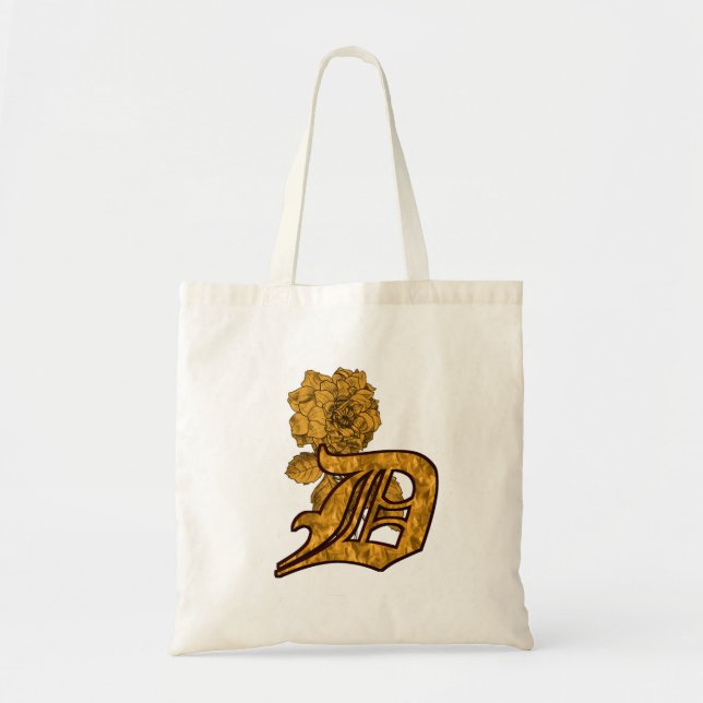 Monogram Initial D Elegant Gold Peony Flower Tote Bag (Front)