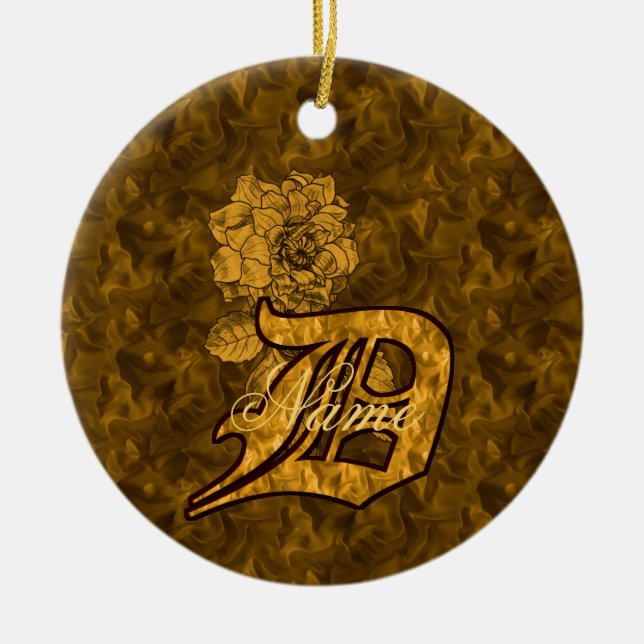 Monogram Initial D Elegant Gold Peony Personalised Ceramic Tree Decoration (Front)