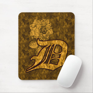 Monogram Initial D Gold Peony Flower Mouse Mat
